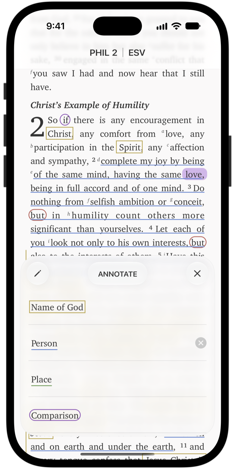 The word “love” selected in Philippians 2 with the markup styles sheet open.