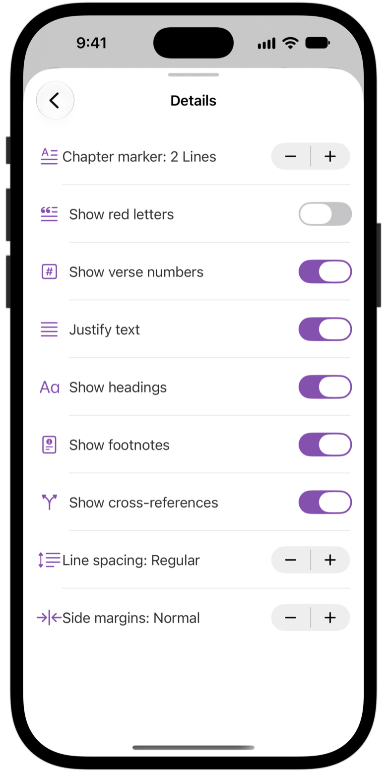 The Details screen: chapter marker, display toggles, line spacing, and side margins.
