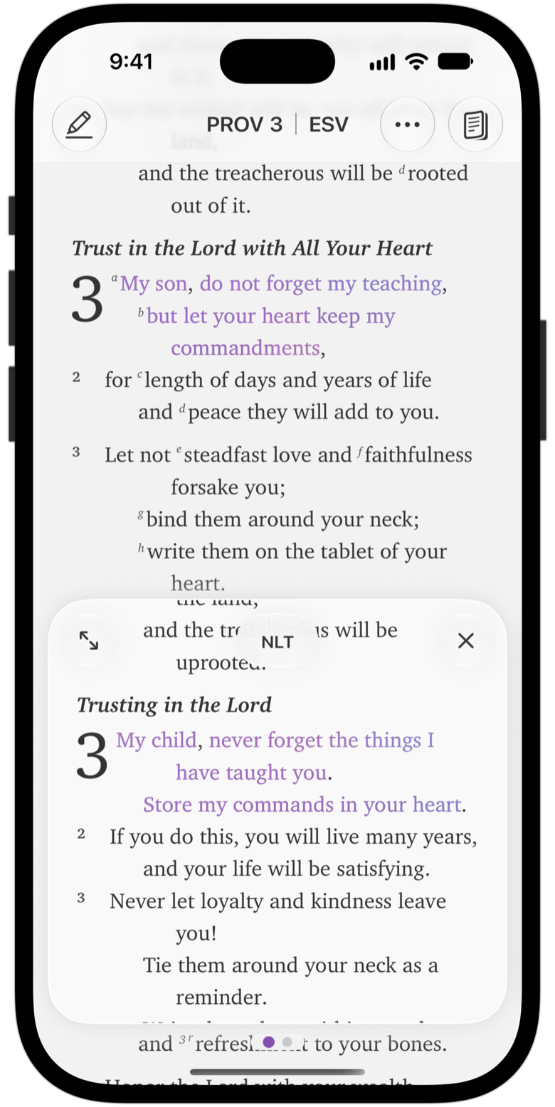 Proverbs 3 in the ESV, with the NLT open in the translation strip below.