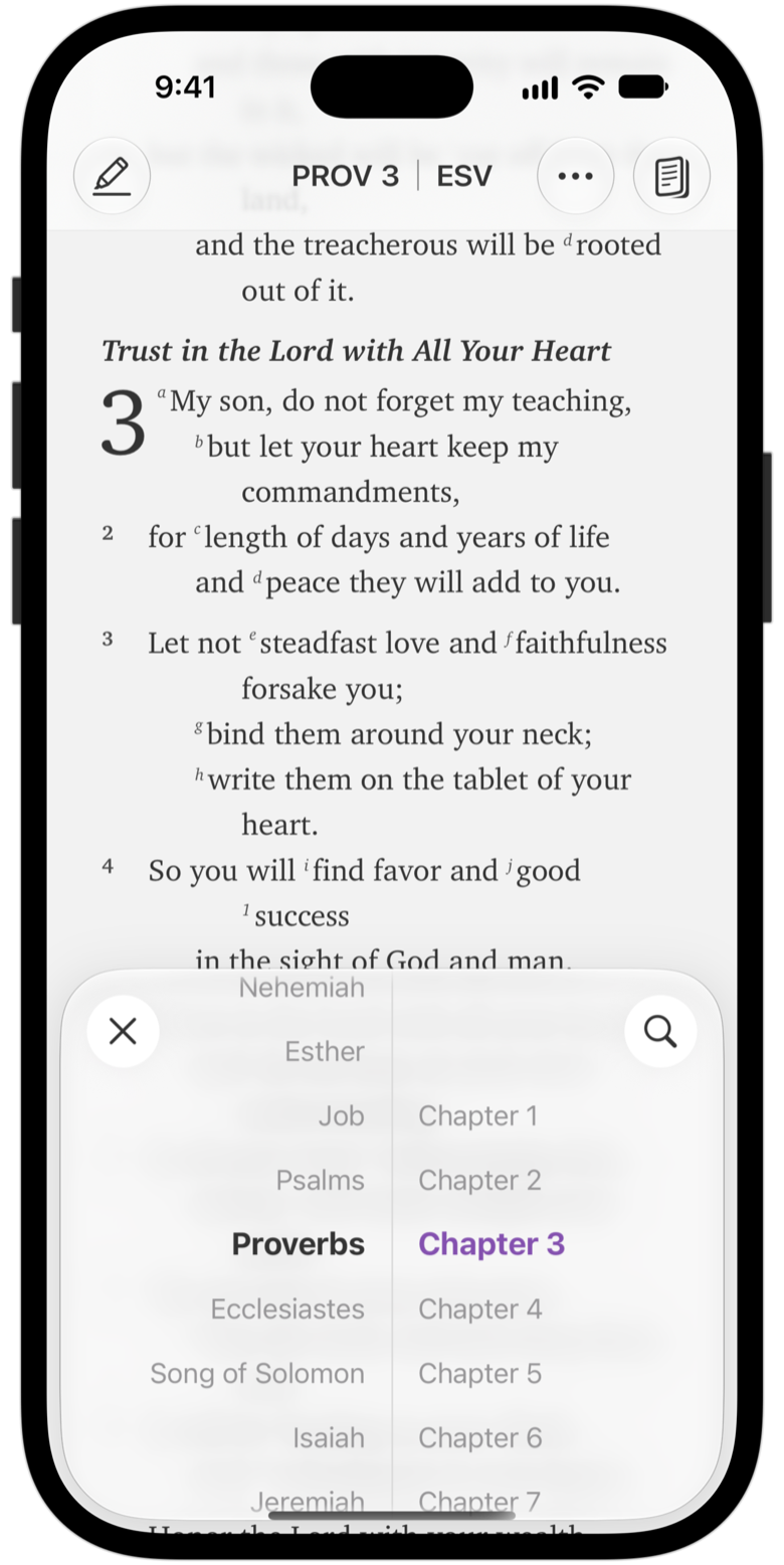 The passage selector open on Proverbs 3 over the Bible reader.