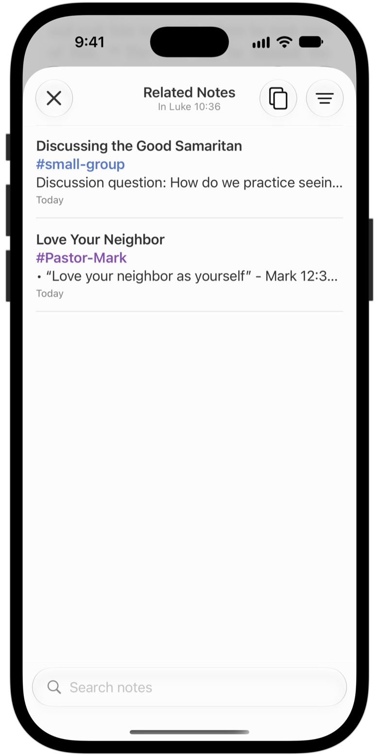 Related Notes for Luke 10:36, listing two notes.