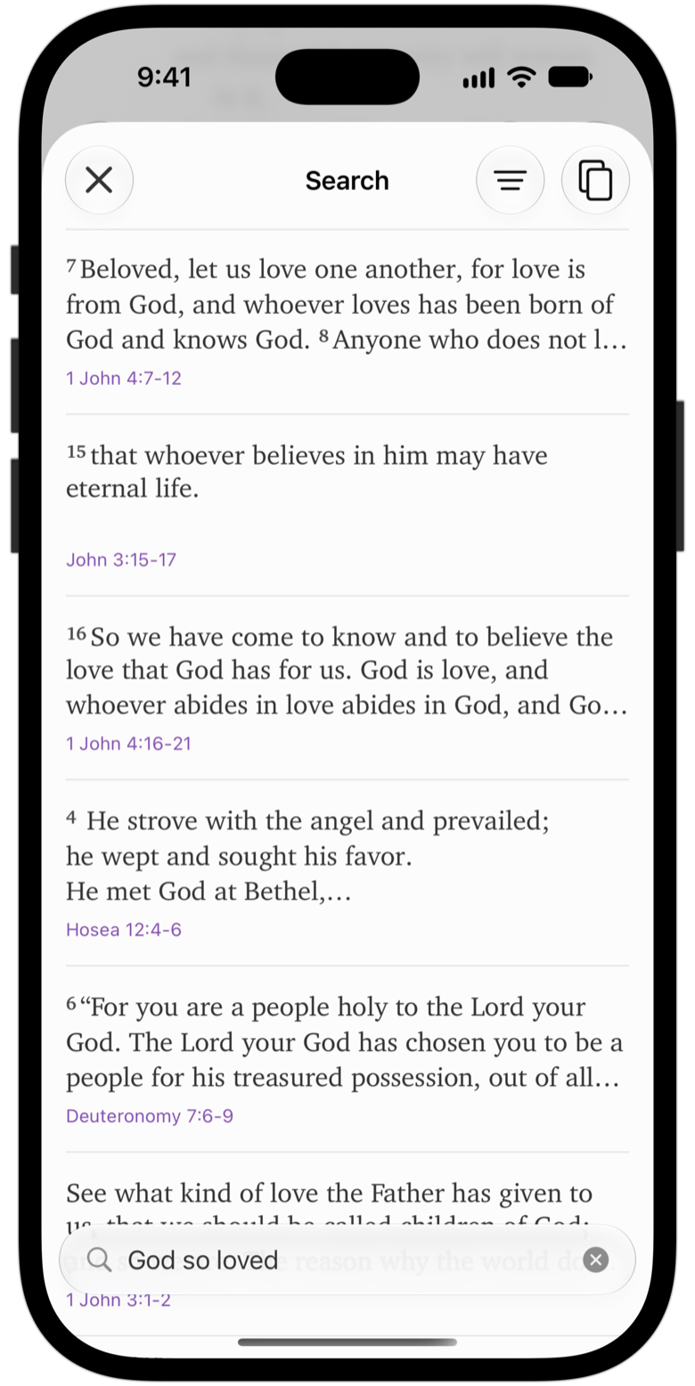 A search for “God so loved” with matching passages listed above the search field.