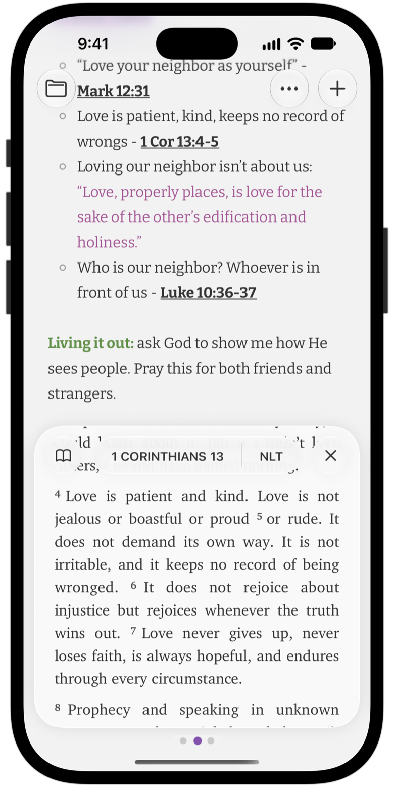 A note with the 1 Corinthians 13 passage card open over it.
