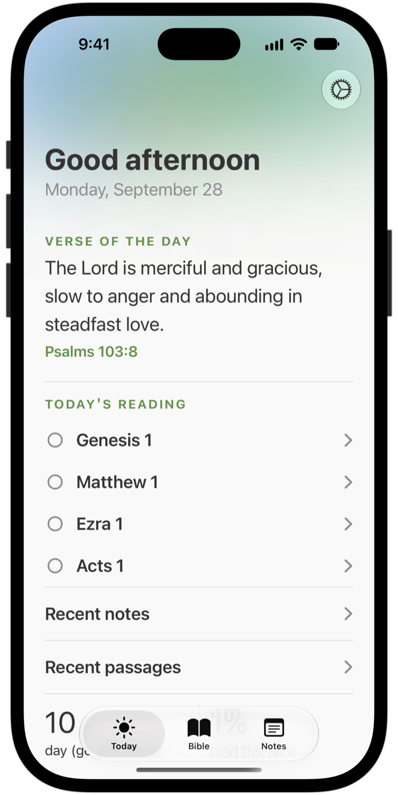 The Today tab: today’s reading, Recent notes, and Recent passages.