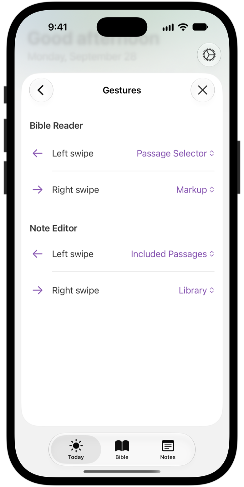 Gestures settings for the Bible reader and the note editor.