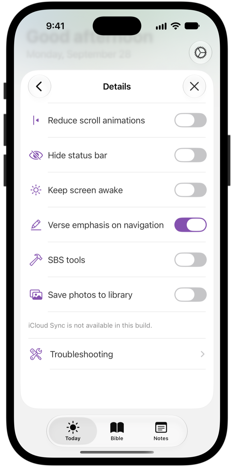 The Details settings screen and its toggles.