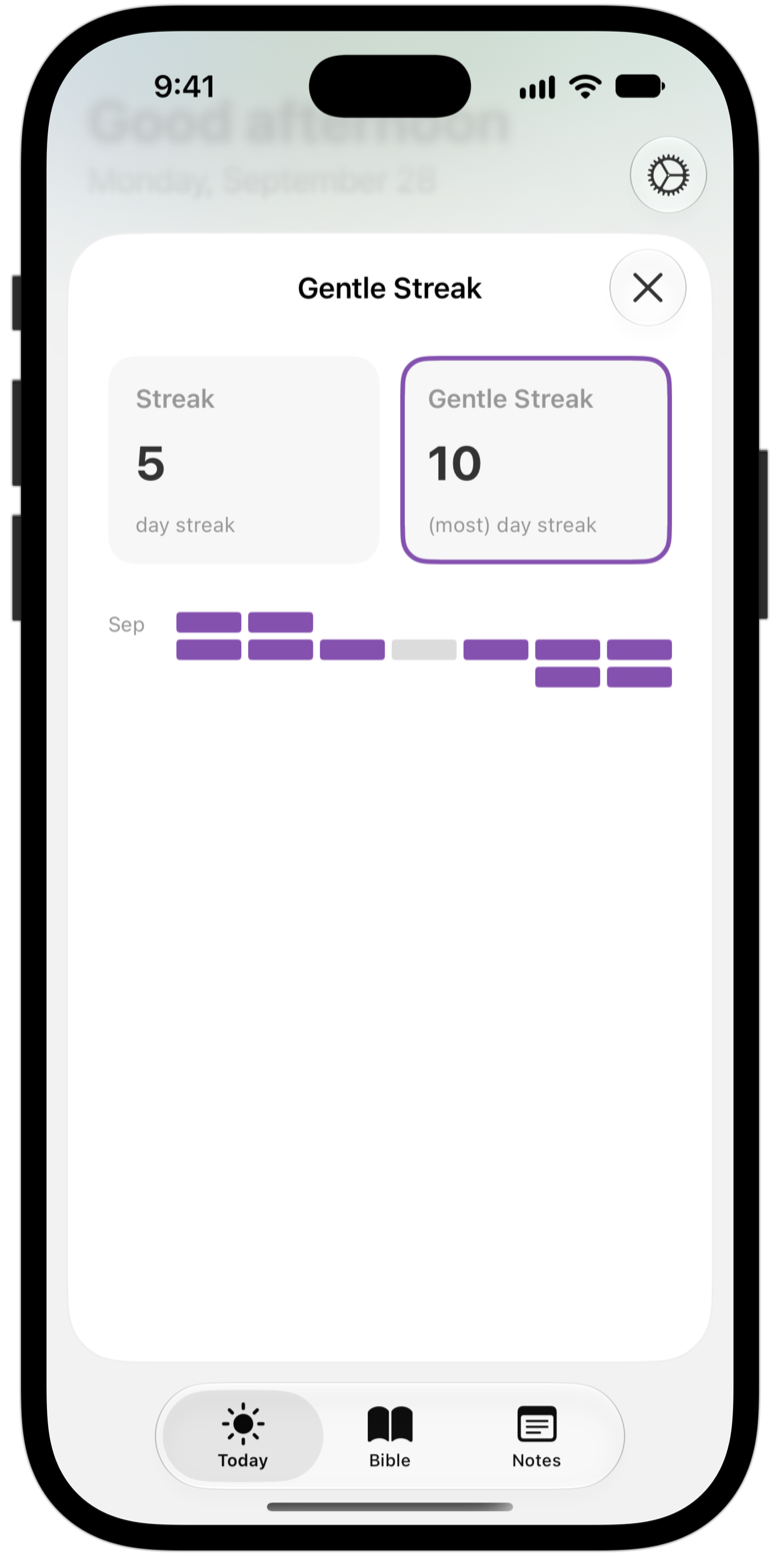 The streak screen: Streak and Gentle Streak counts above a calendar of reading days.